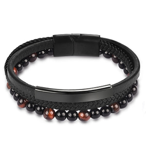 Bracelet à perles en cuir noir pour homme
